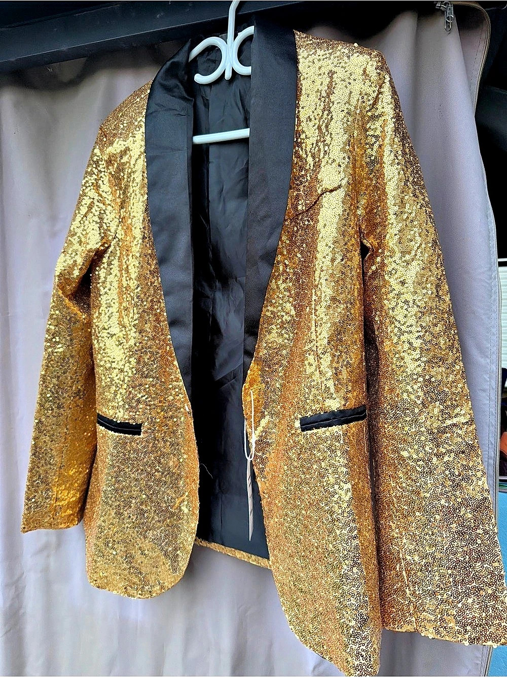 LUNE Womens Gold Sequin Blazer Size M Black Satin Lapel Party Holiday Jacket